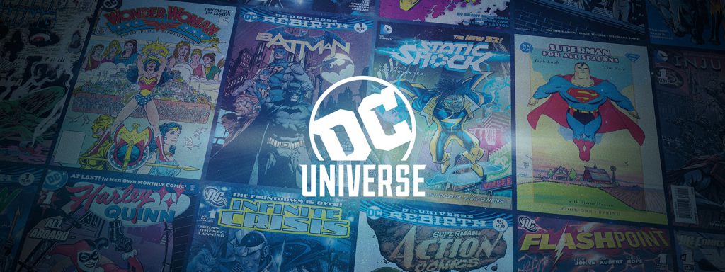 dc universe logo with comic background