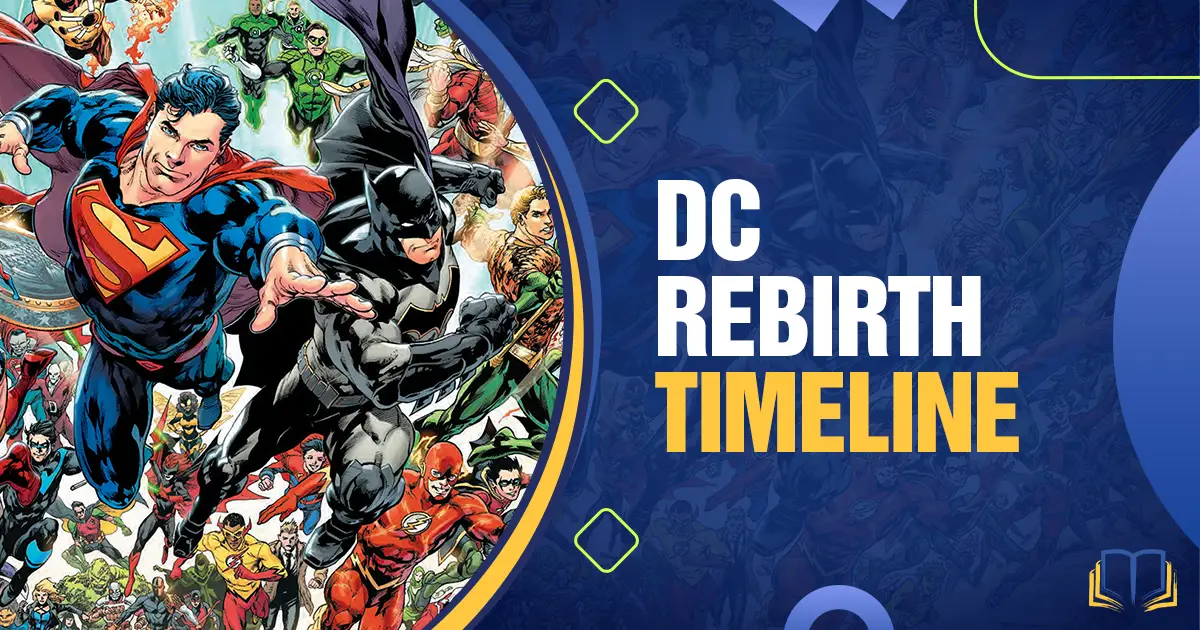 banner with a lot of superheroes on it and text that reads DC Rebirth timeline